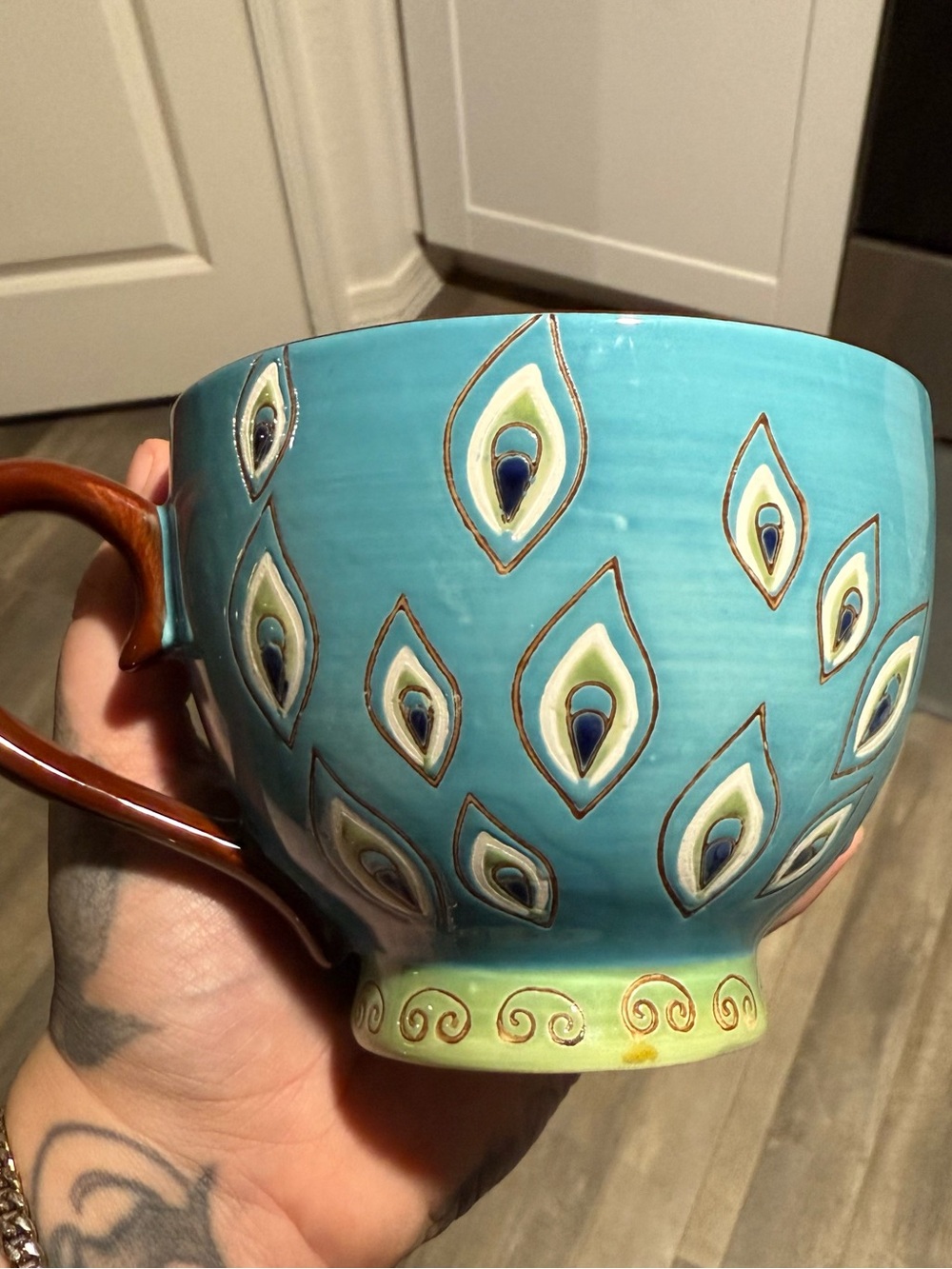 Pier 1 Imports Dolomite Peacock Hand Painted Footed Coffee Mug Tea Cup - cute!